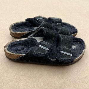 Birkenstock Arizona Shearling Black Suede Sandals Size 7 Fur Lined Cozy